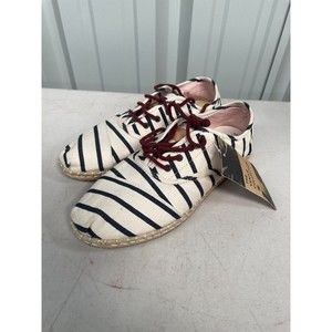 Toms Cordones Canvas Lace Up Shoes Womens Size 9 White Blue Stripes NEW NWT
